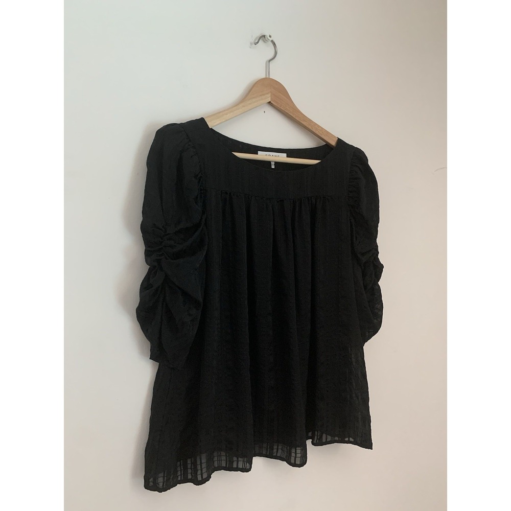 Frame Kate Shirred Sleeve Top 100% Silk Black Sz M Sheer Luxe Capsule Minimal